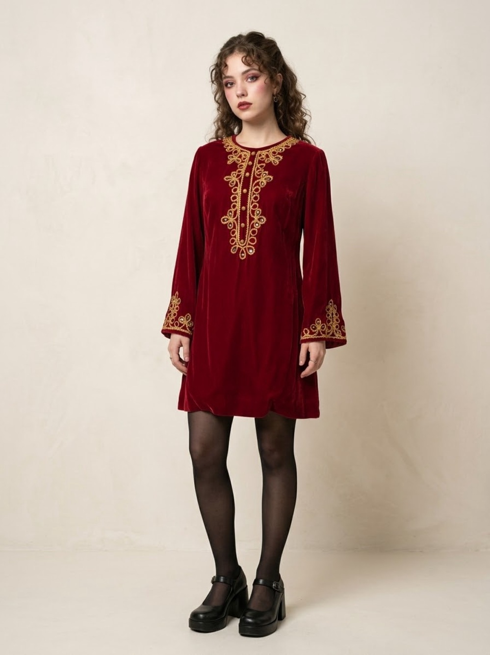 Women's Vintage Handmade Red Velvet Tunic Dress with Gold Embroidery